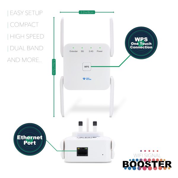 1200Mbps WiFi Range Extender Signal Booster, Covers up to 3500Sq. ft and 35  Devices, 2.4 & 5GHz Dual Band WiFi Repeater with Ethernet/LAN Port